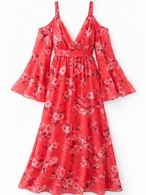 Order Plus vacation maxi dress coral floral flowy cold shoulder XL is a beauty!